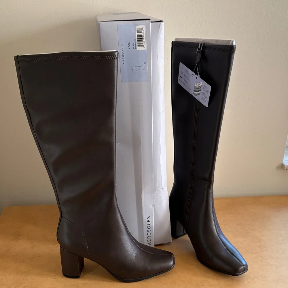 AEROSOLES Dark Brown Over-the-Knee Block Heel Boots - Picture 2 of 8